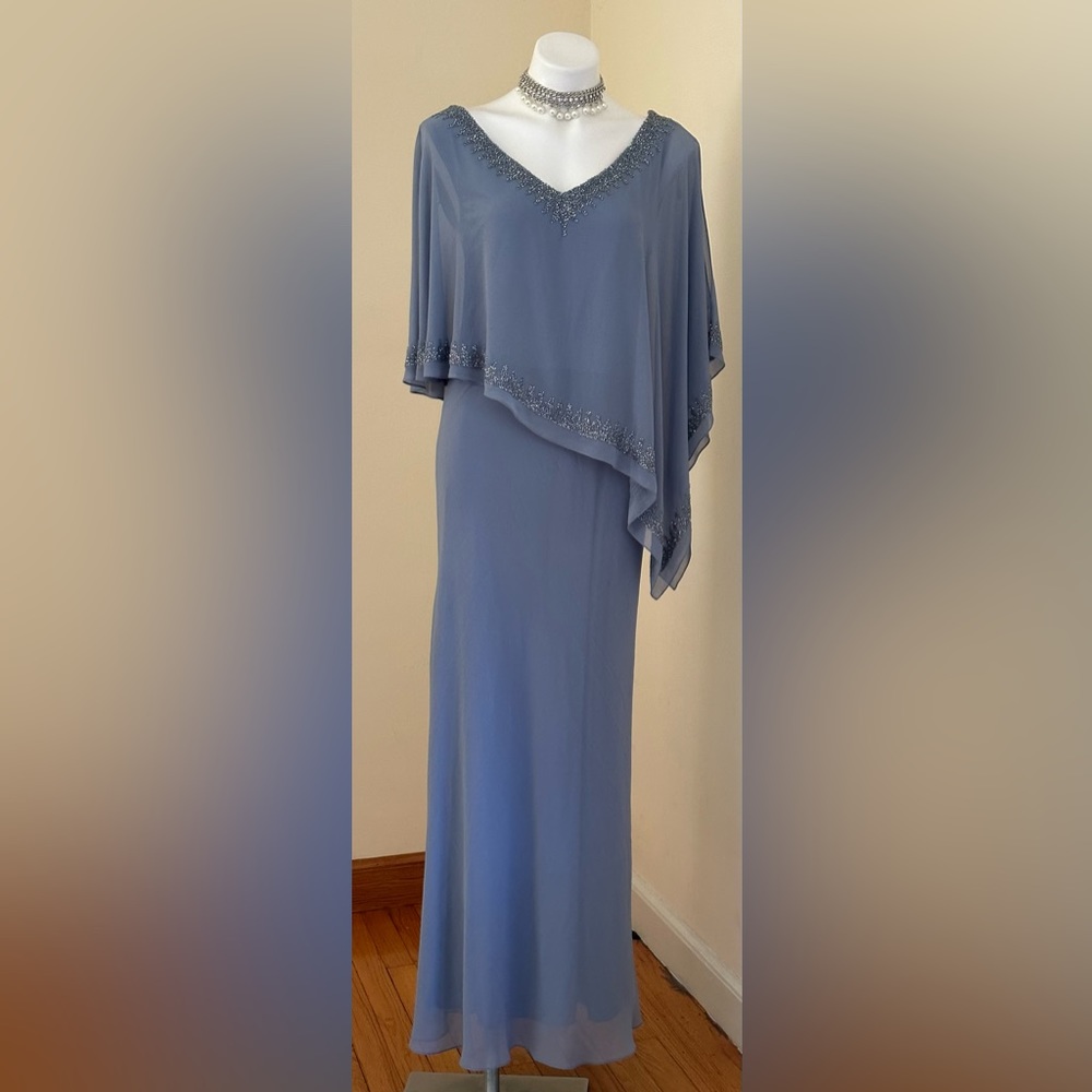 J Kara NWTS Overlay Asymmetrical Maxi Evening Dress Dusty Blue Sheer Bea…